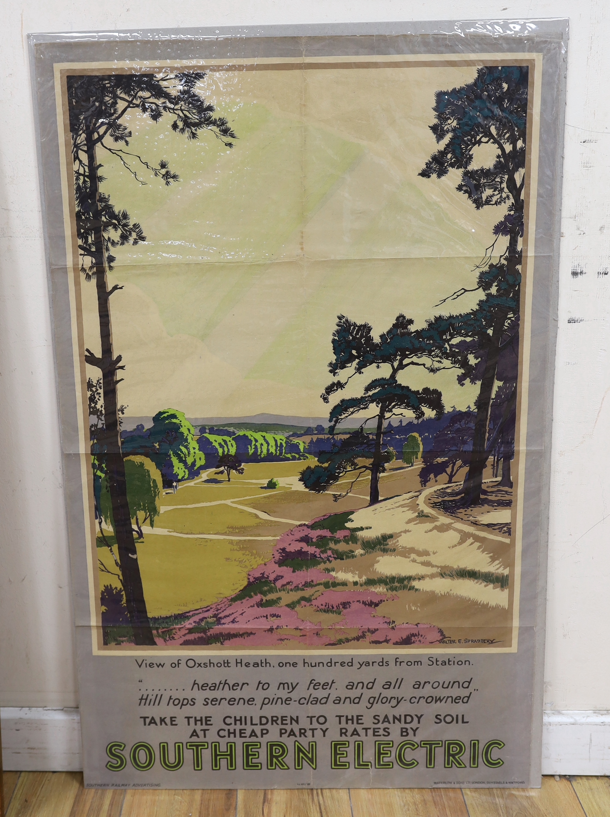 Walter Ernest Spradbery (1889-1969), lithographic poster for Southern Railways, 'Oxshott Heath, 100 yards from station. Take the children to the sandy soil at cheap party rates by Southern Electric', 1932, 101.5 x 63cm,